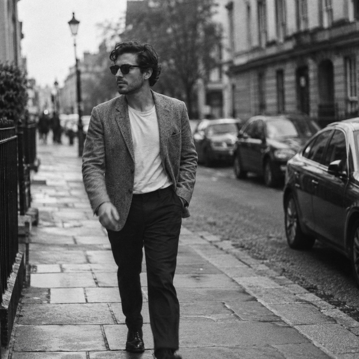 Man in a wool blazer and white tee walking a city street, black and white street style