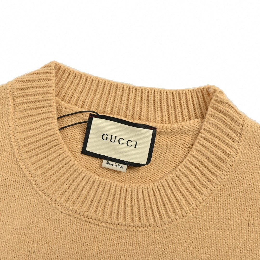 Intarsia Logo Pointelle Wool Sweater | Beige