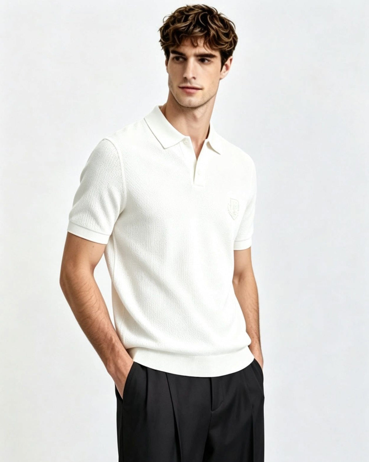 Textured Knit V-Neck Polo | White