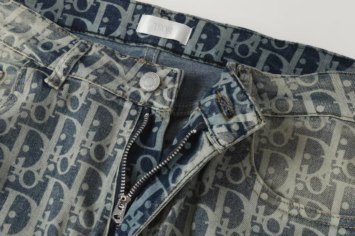 Oblique All-Over Print Faded Denim Jeans | Blue