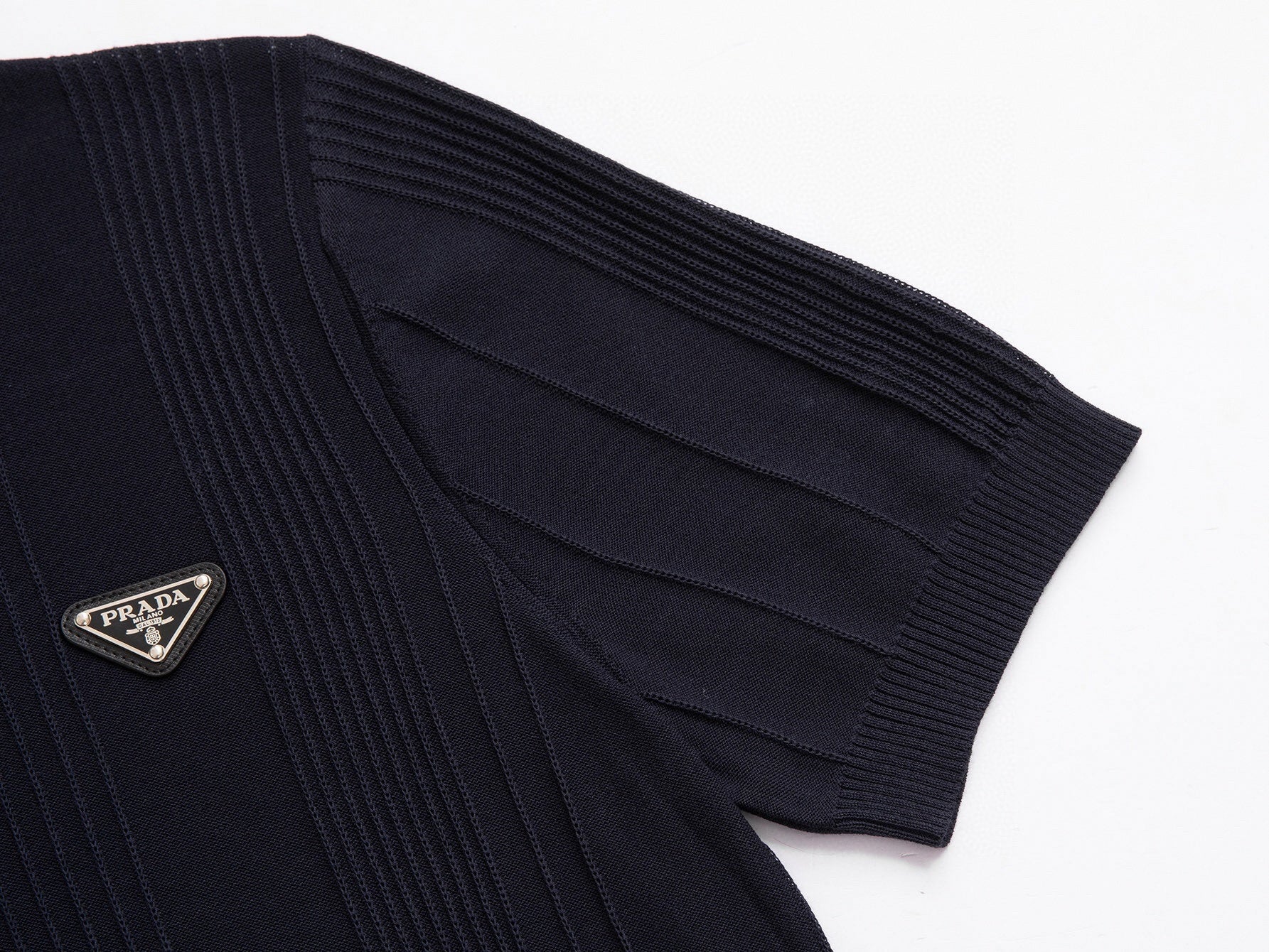 Vertical Ribbed Knit T-Shirt | Navy Blue