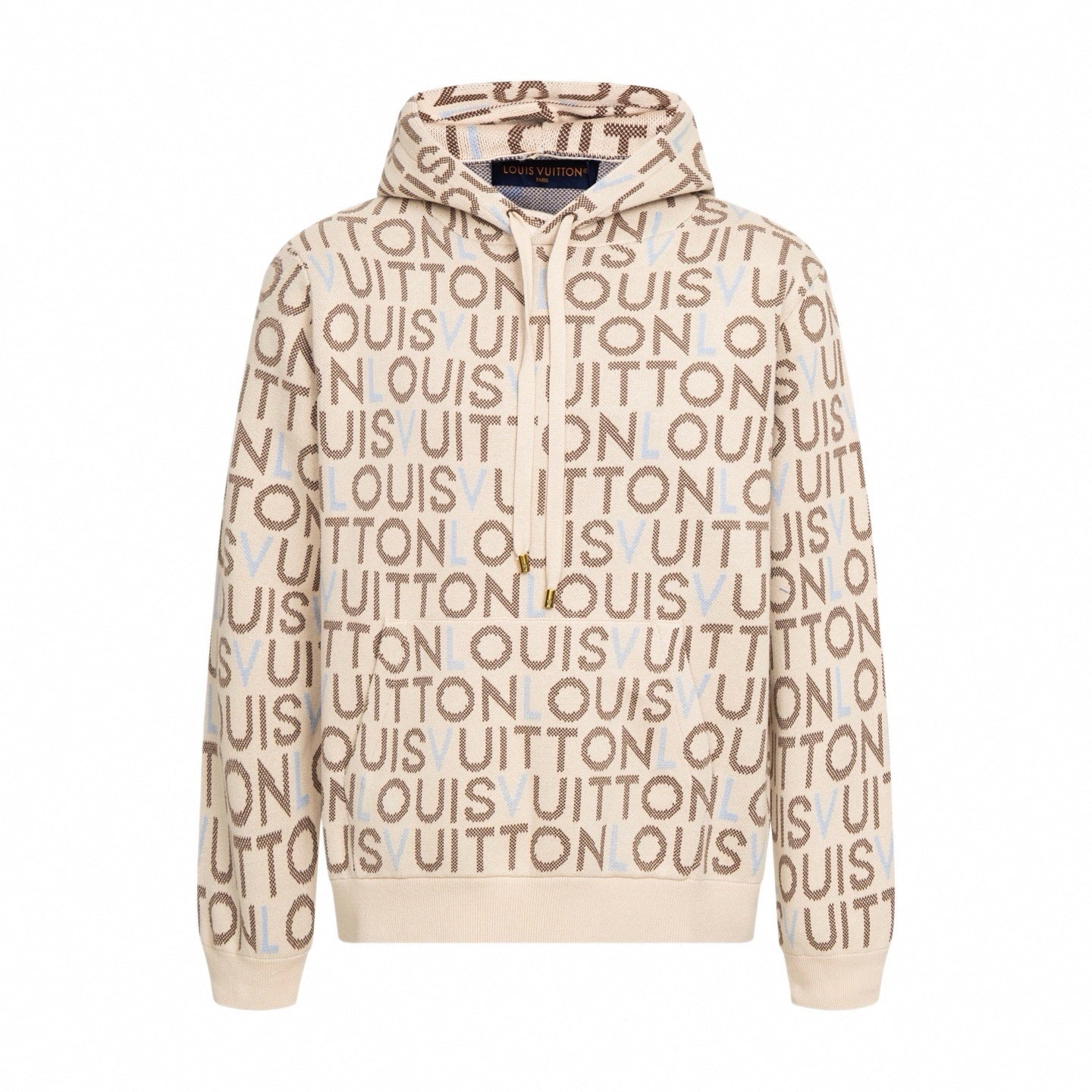 All-Over Logo Knit Hoodie | Cream & Brown