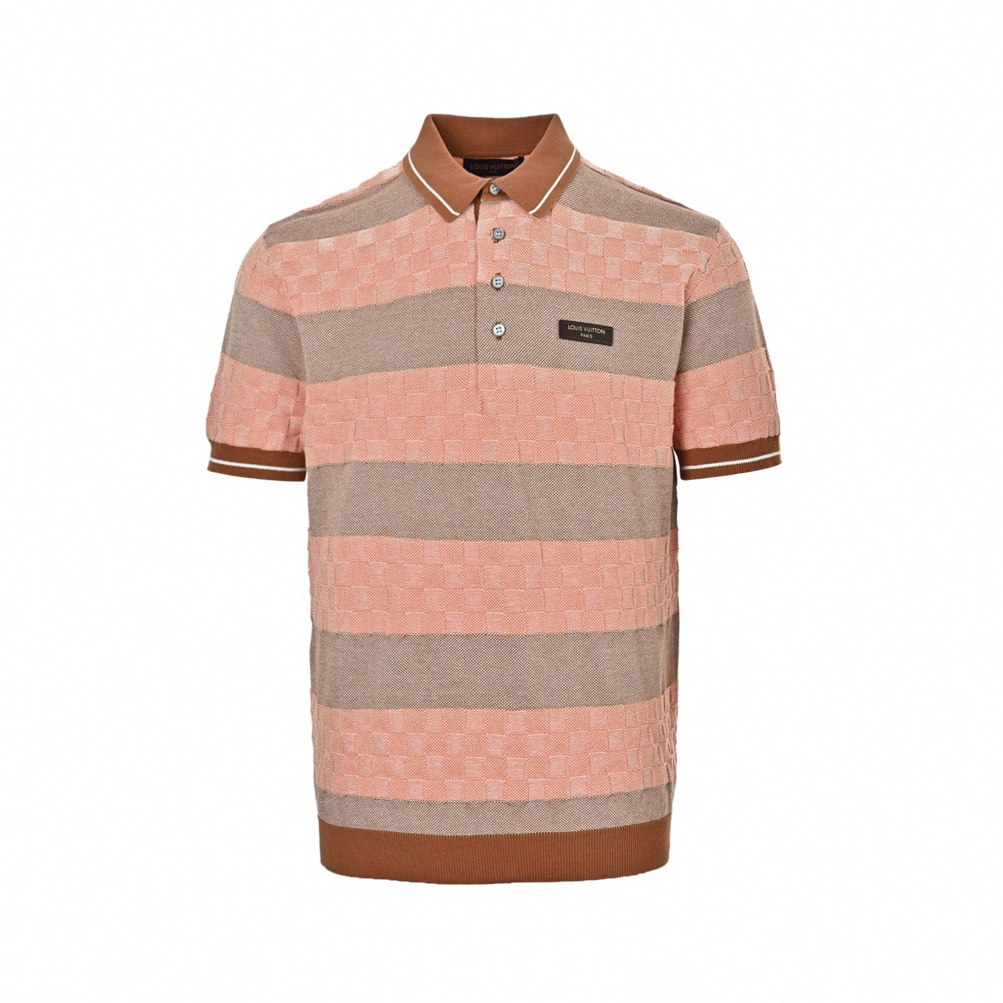 Damier Stripe Knit Polo - Coral/Beige