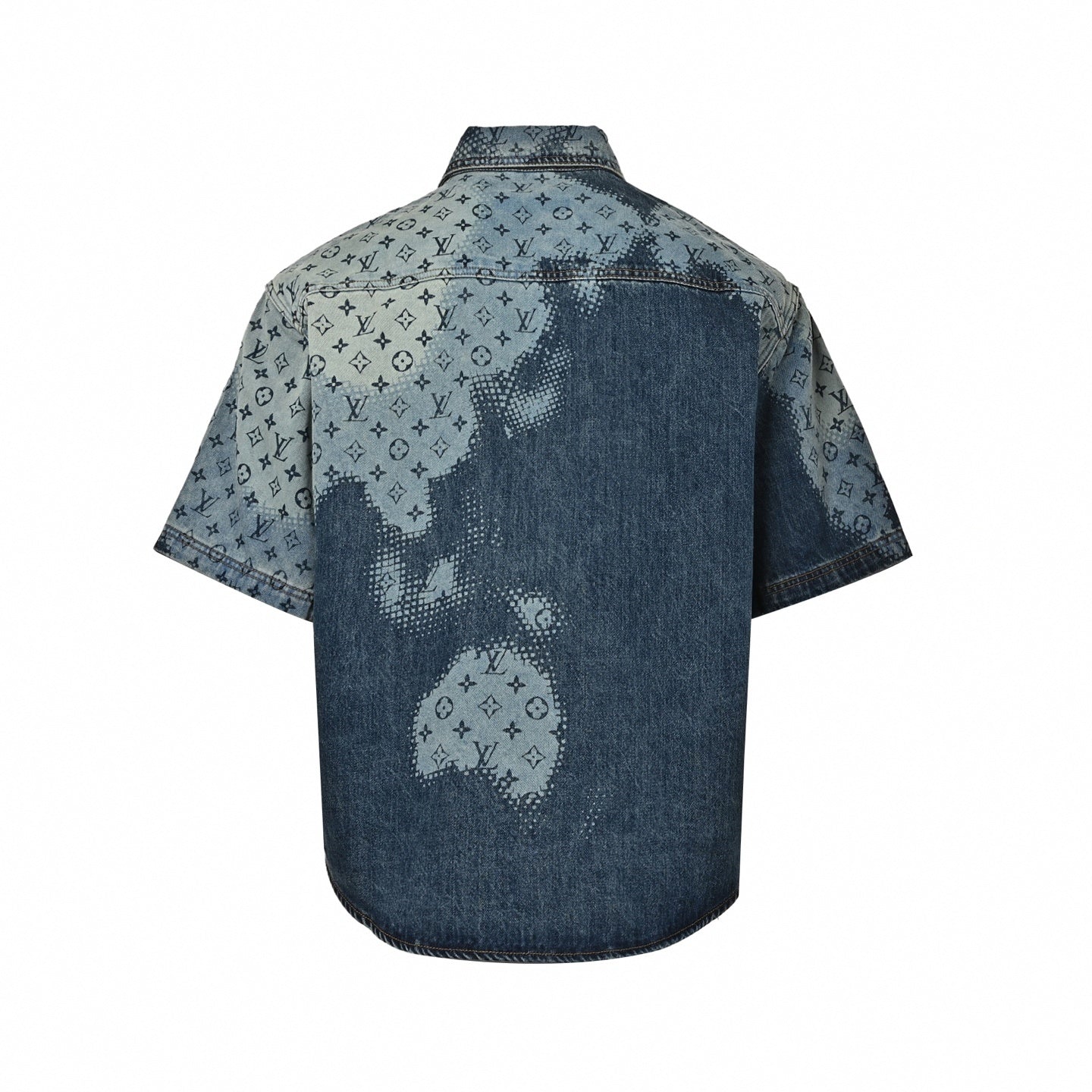 Monogram Halftone Denim Short-Sleeve Shirt - Blue