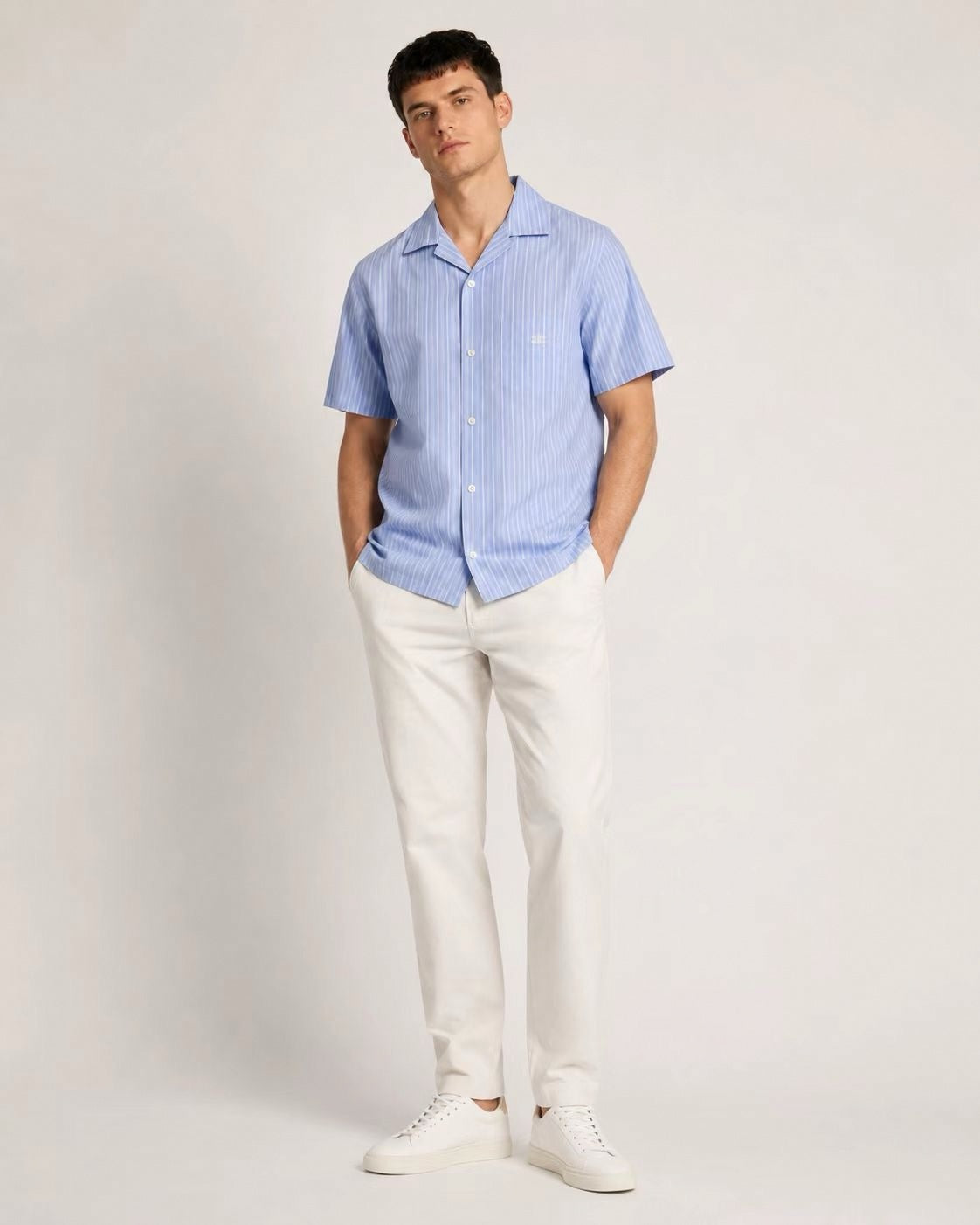 Striped Camp Collar Short-Sleeve Shirt | Light Blue