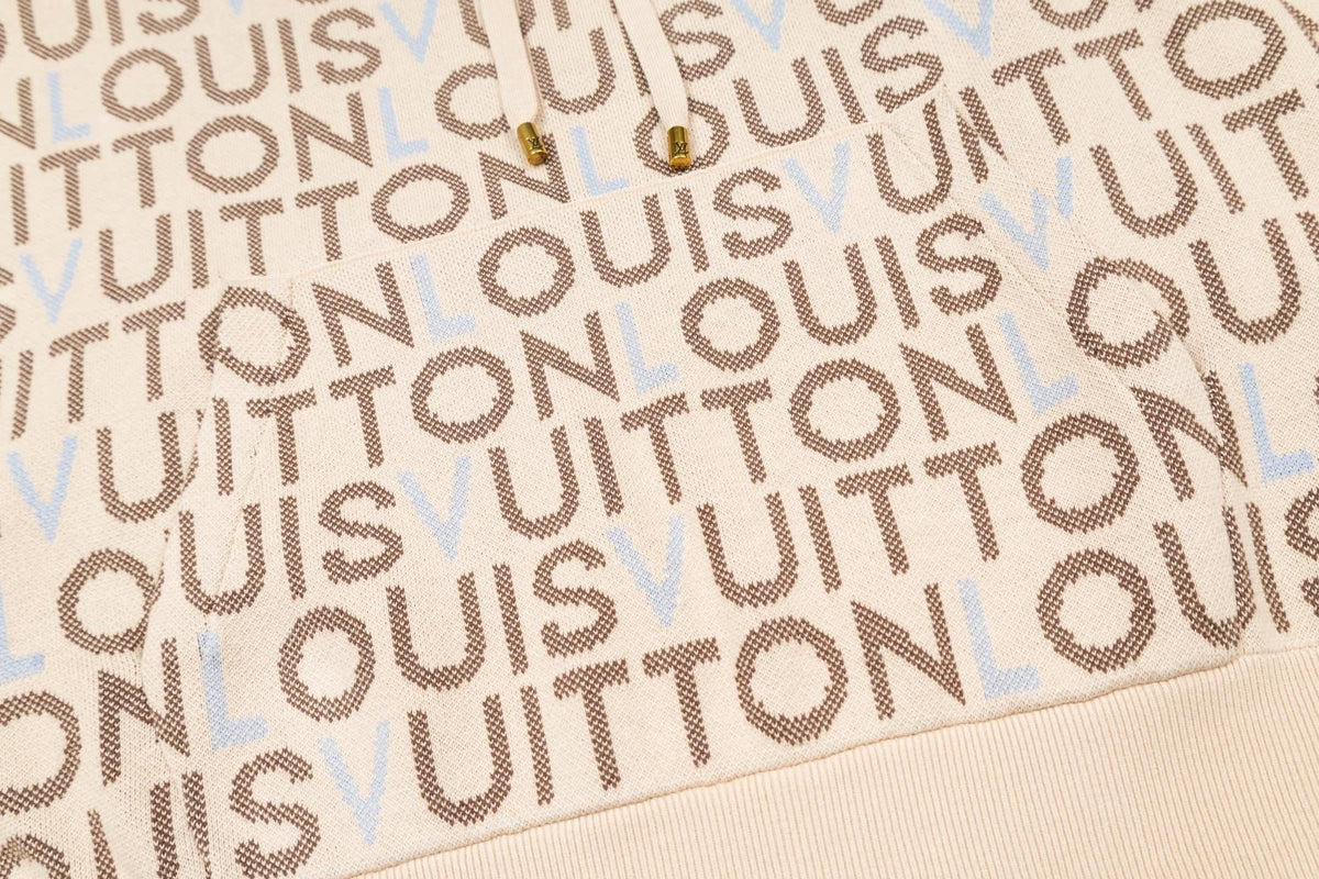 All-Over Logo Knit Hoodie | Cream & Brown