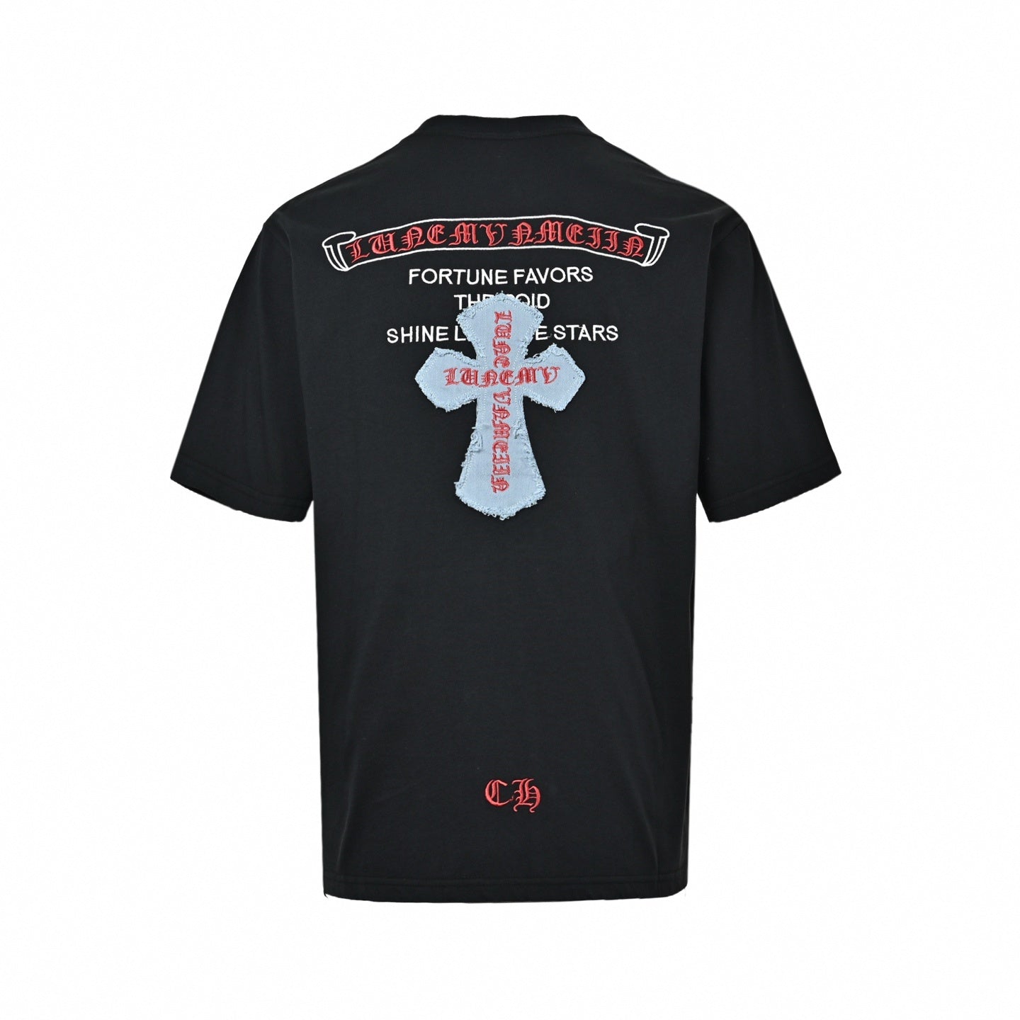 Gothic Cross Denim Patch T-Shirt - Black