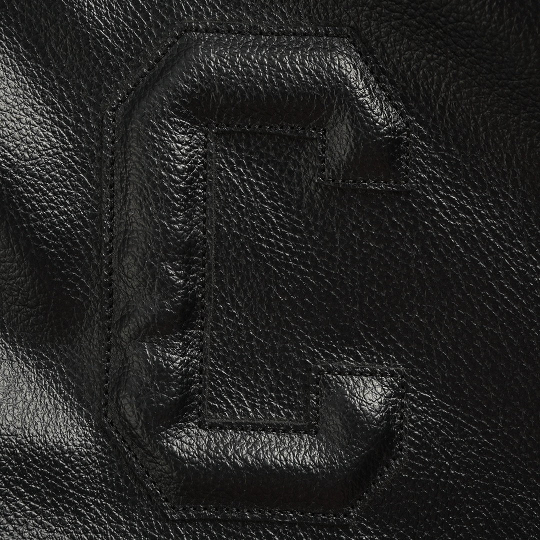 Tonal Leather Hooded Varsity Jacket | Black
