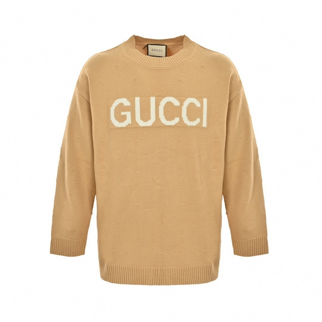 Intarsia Logo Pointelle Wool Sweater | Beige