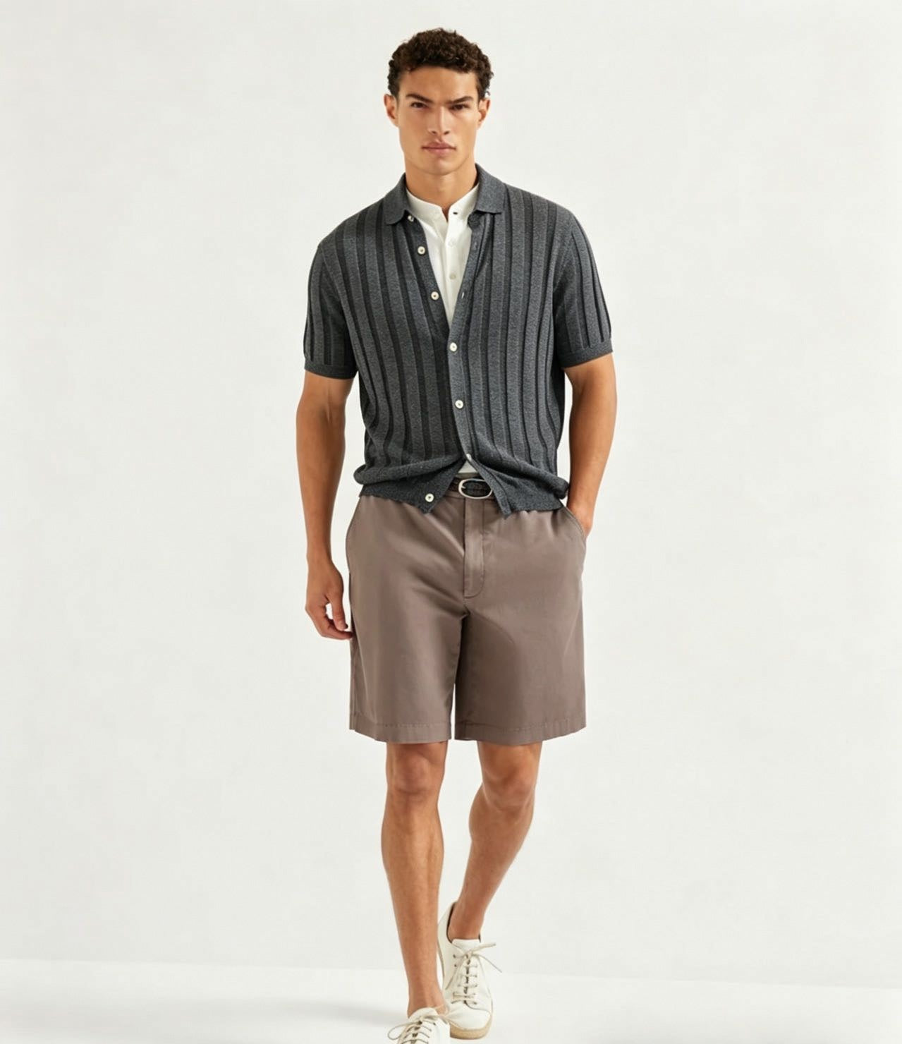 Ribbed Knit Button-Through Polo | Dark Grey