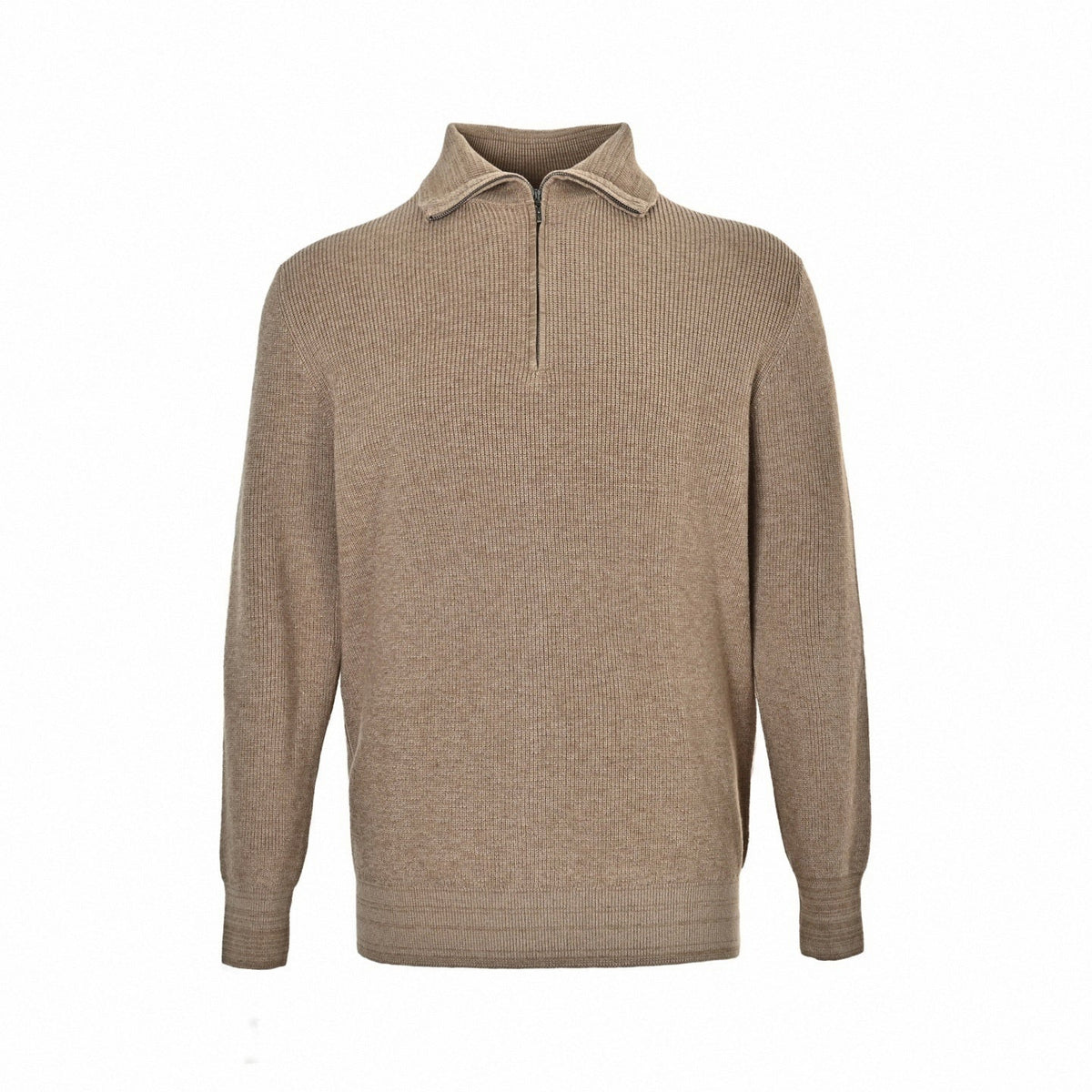 Camel Ribbed Quarter-Zip Knit Sweater