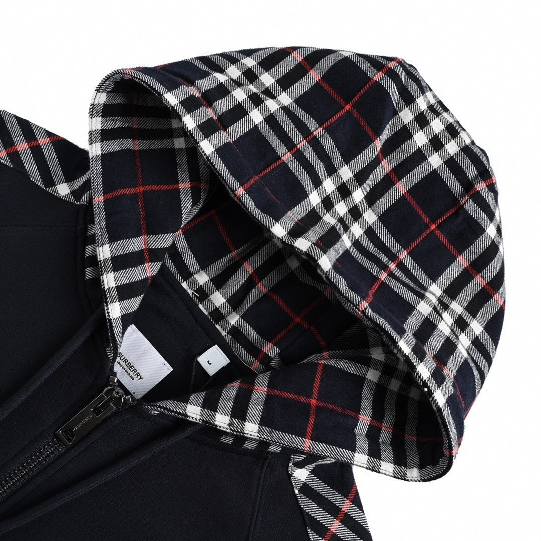 TB Monogram Zip-Up Checked Trim Hoodie | Navy