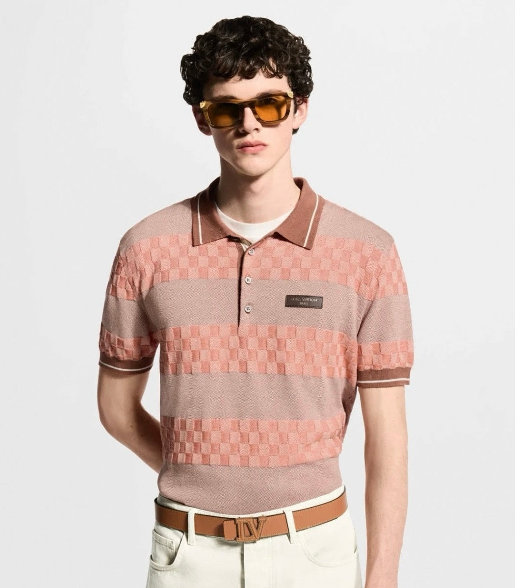 Damier Stripe Knit Polo - Coral/Beige