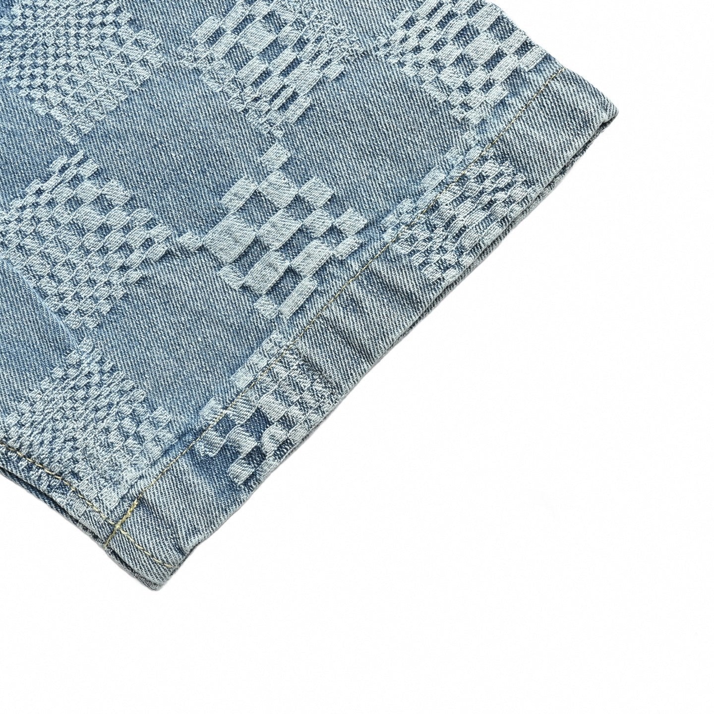 Textured Damier Denim Short-Sleeve Shirt | Light Blue
