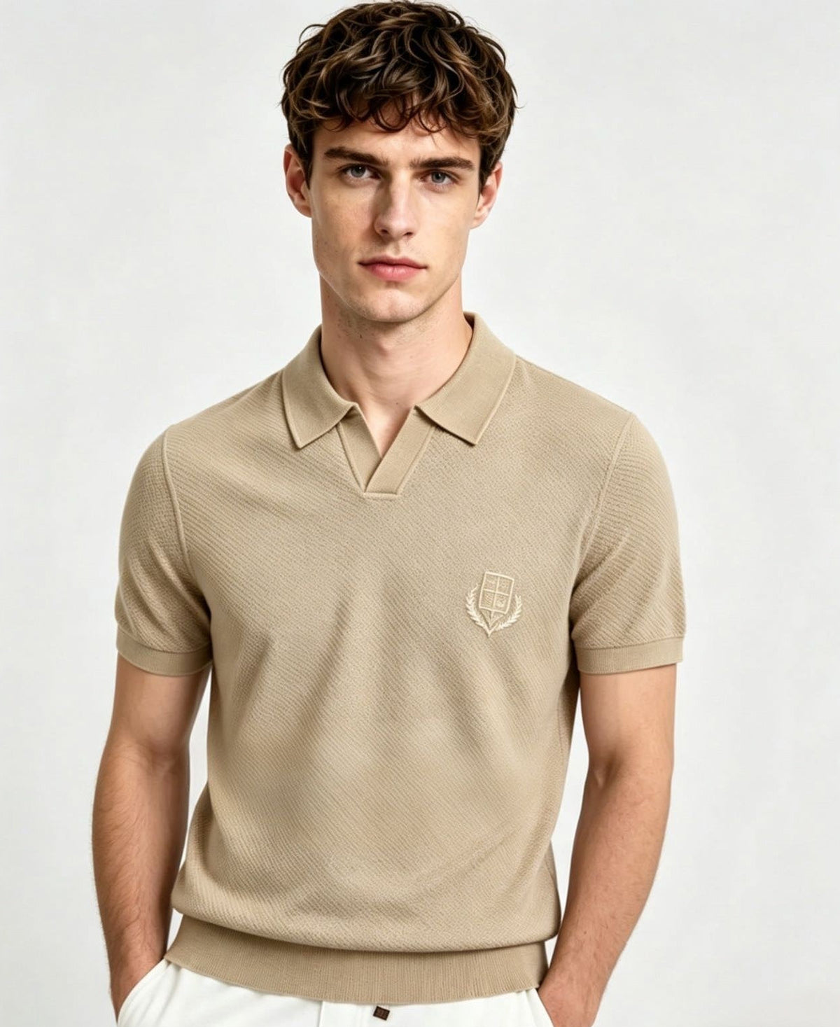 Textured Knit V-Neck Polo | Beige