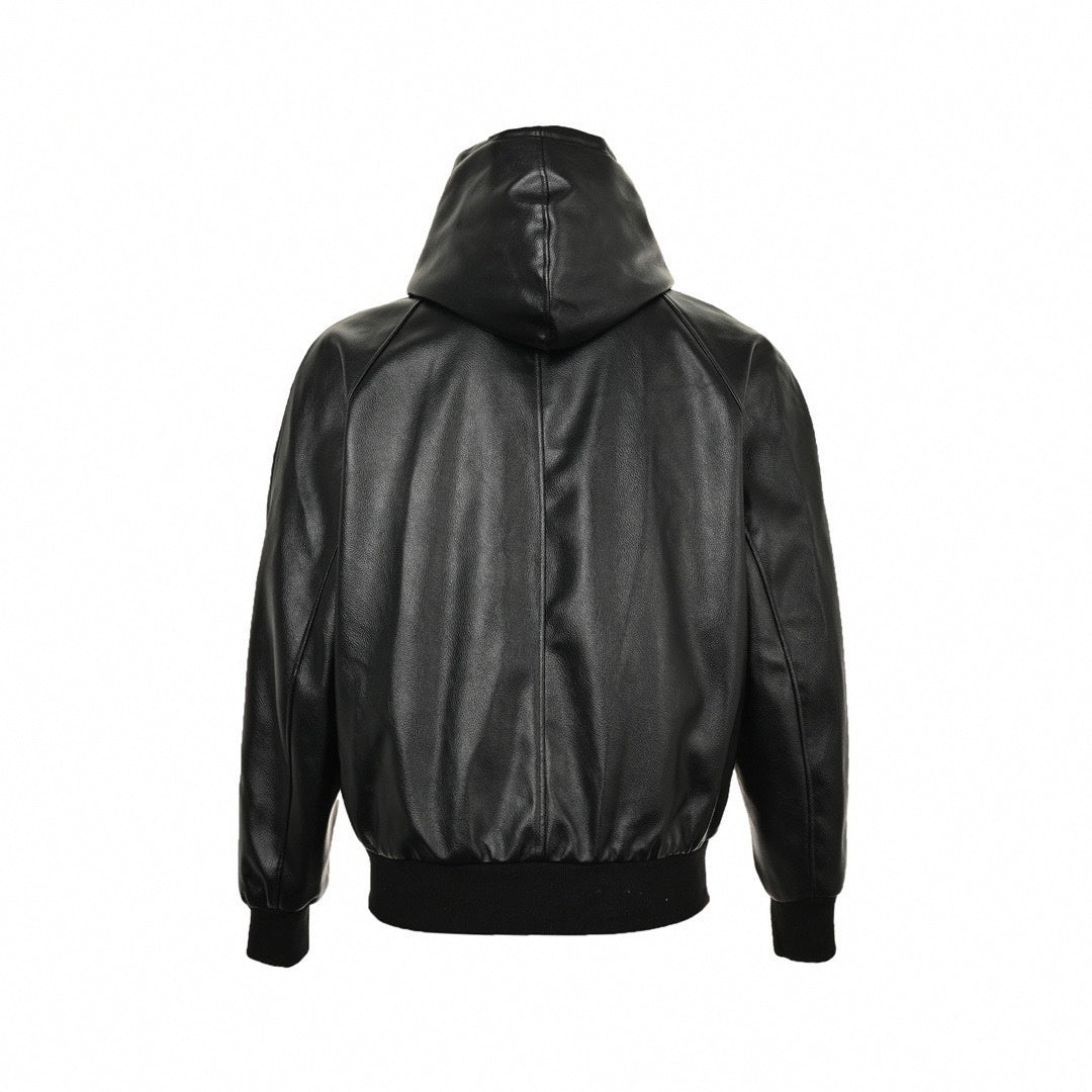 Tonal Leather Hooded Varsity Jacket | Black