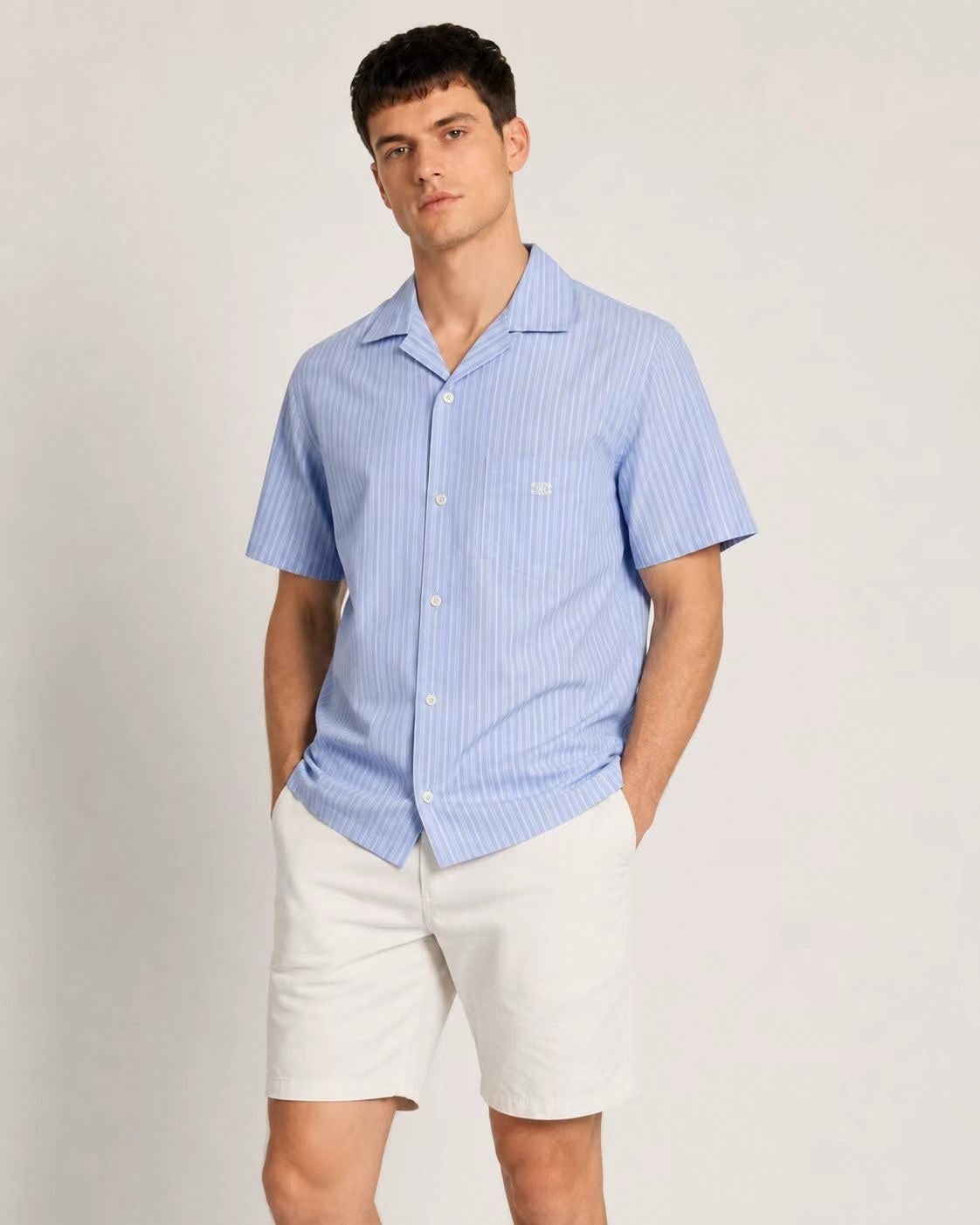 Striped Camp Collar Short-Sleeve Shirt | Light Blue