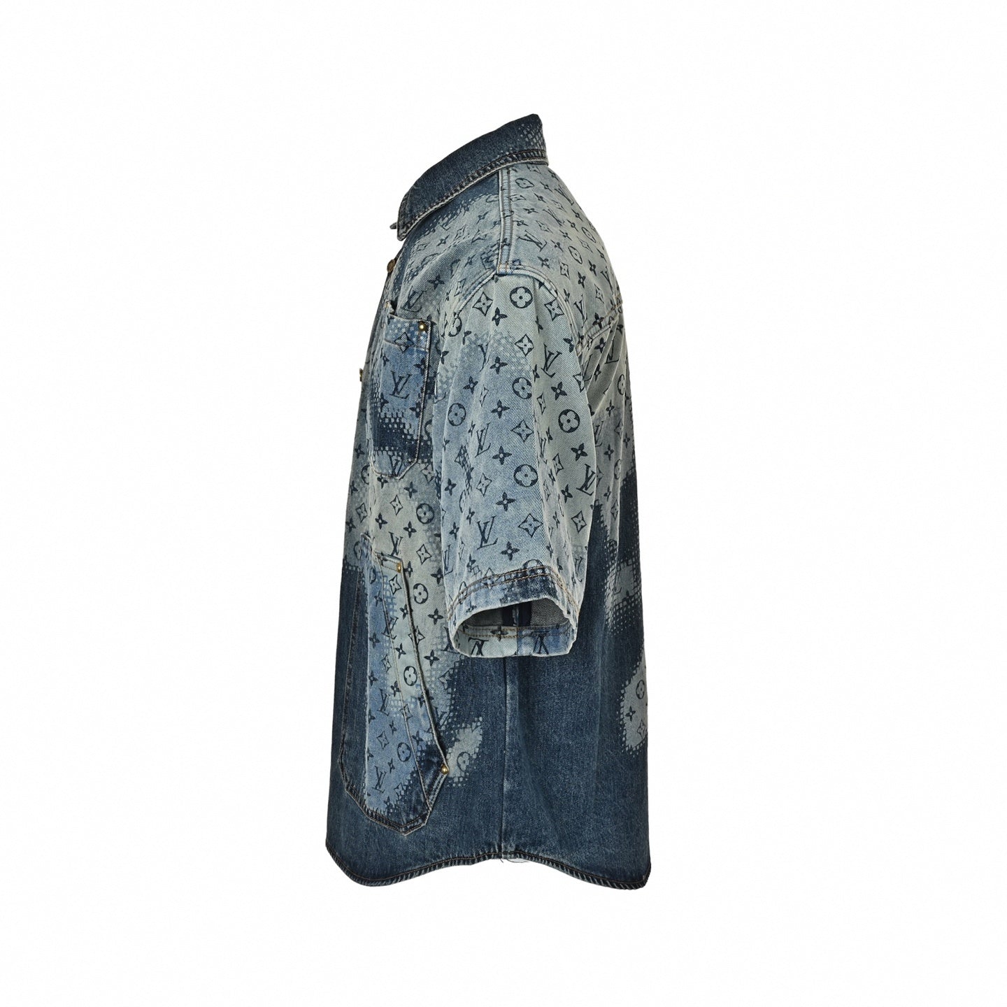 Monogram Halftone Denim Short-Sleeve Shirt - Blue