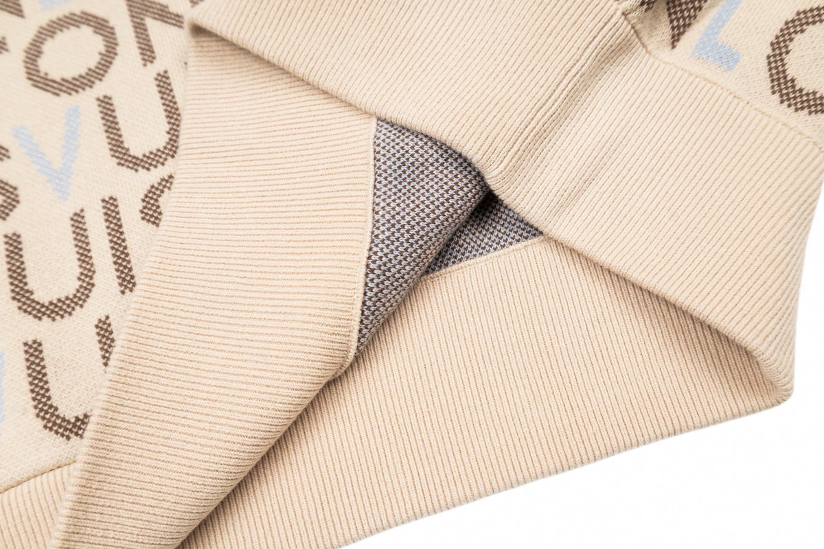 All-Over Logo Knit Hoodie | Cream & Brown