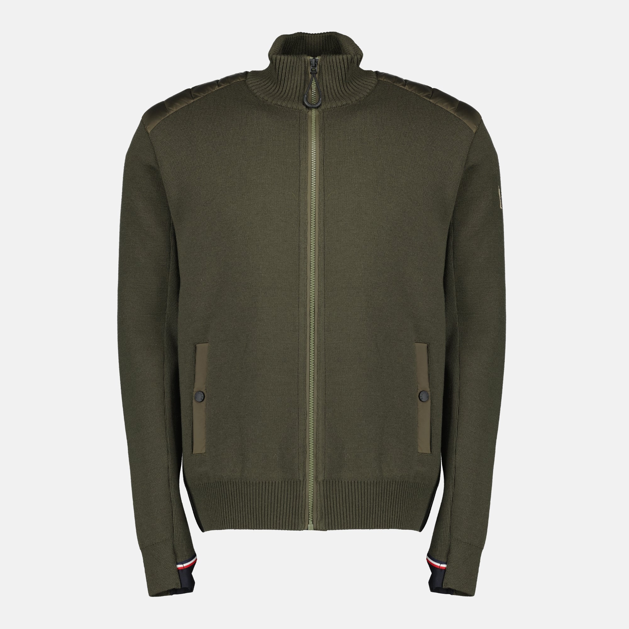 Quilted Zippered Cardigan in Khaki Wool