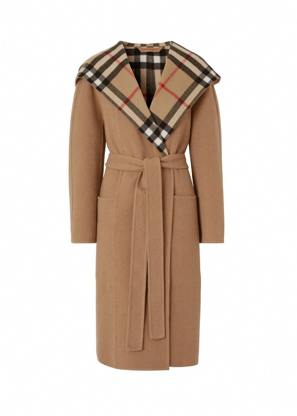 Check-Lined Hooded Wrap Coat - Camel