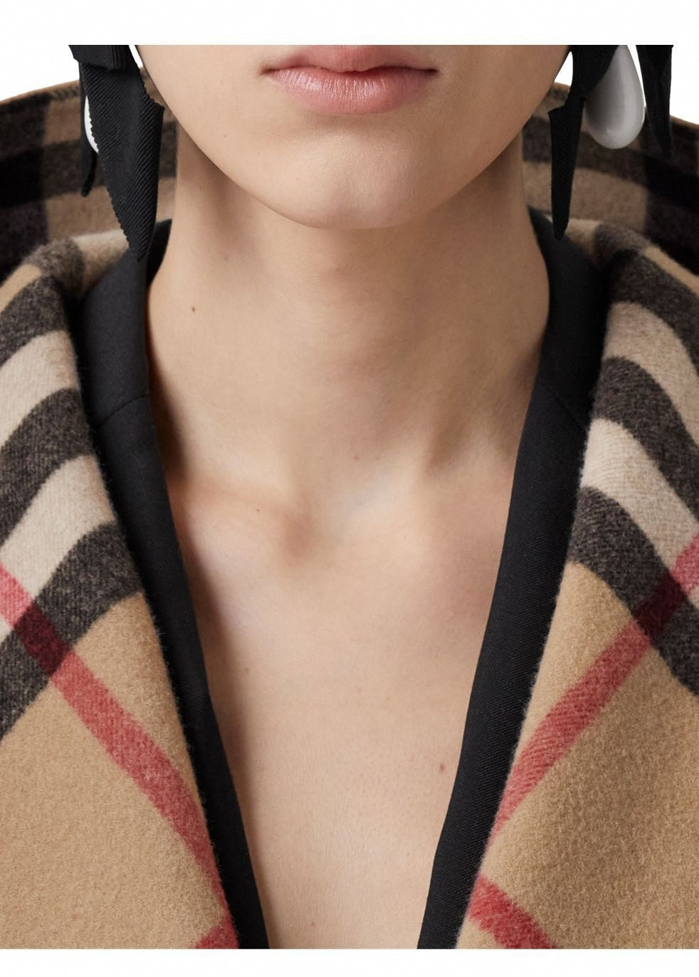 Check-Lined Hooded Wrap Coat - Camel