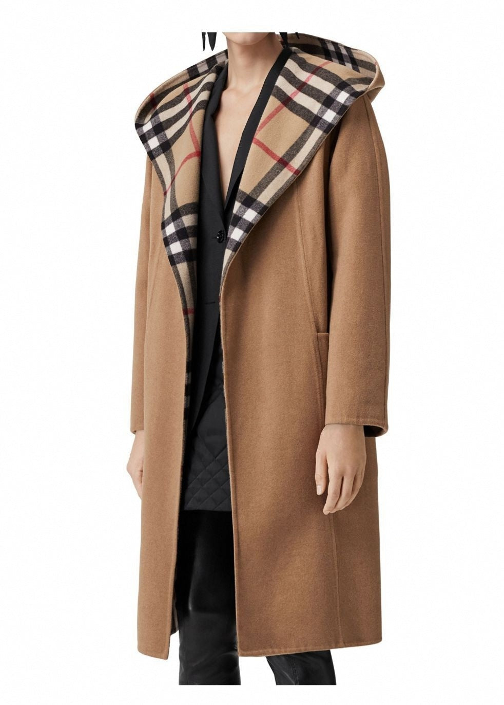 Check-Lined Hooded Wrap Coat - Camel