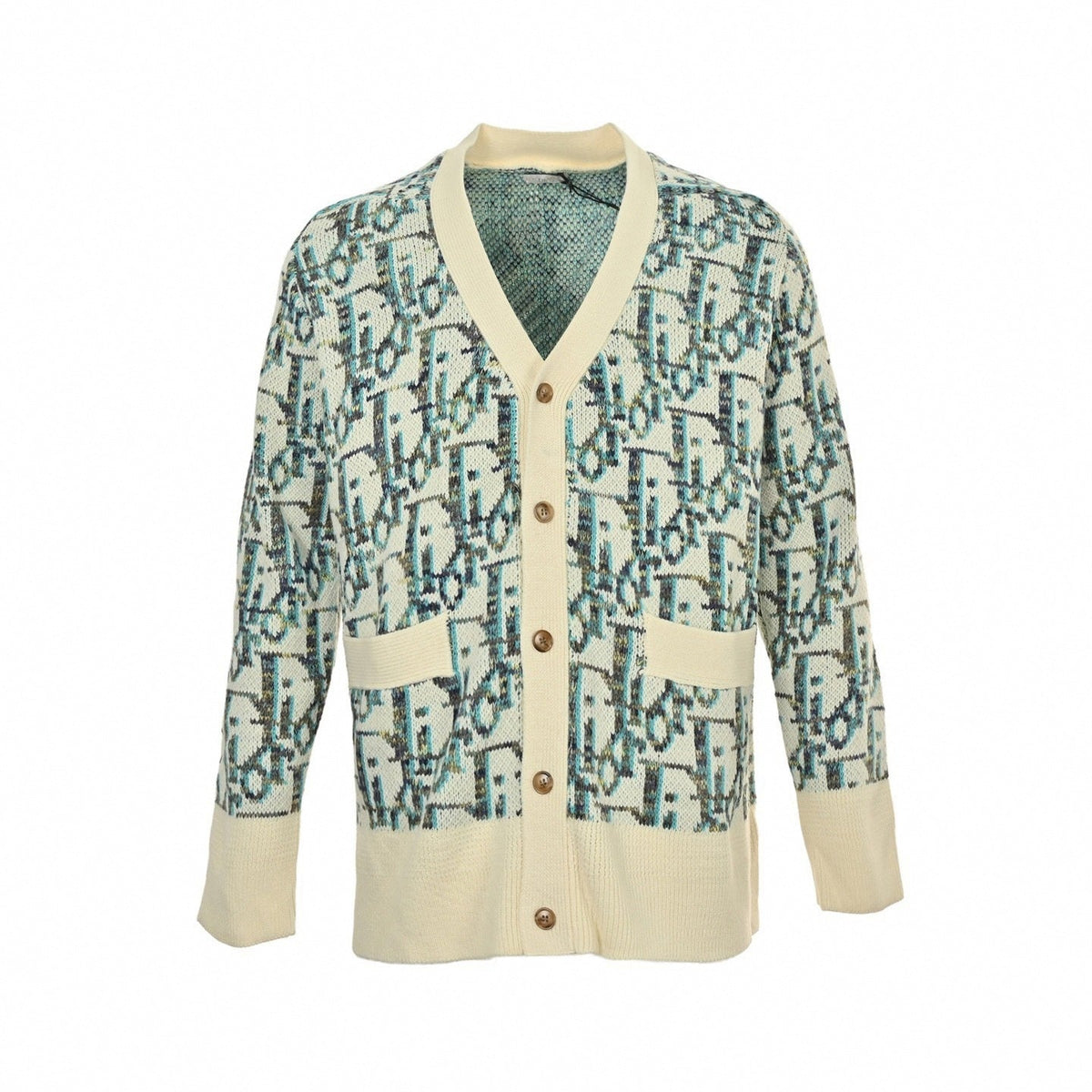 Oblique Cotton Jacquard Cardigan | White & Teal