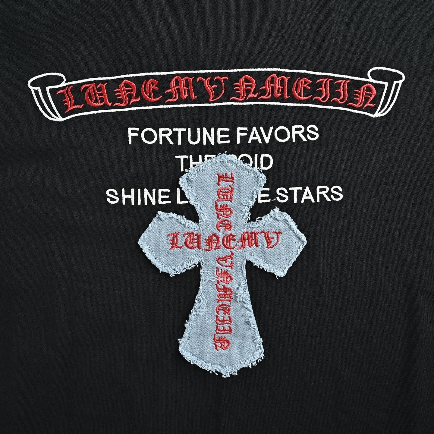 Gothic Cross Denim Patch T-Shirt - Black