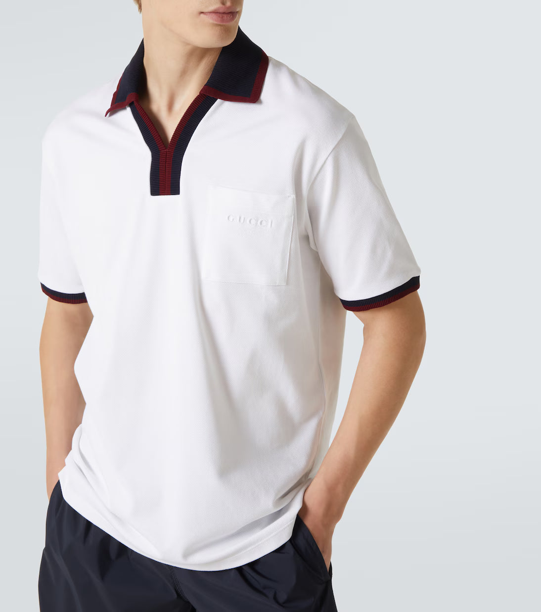 Contrast-Trim Johnny Collar Polo | White