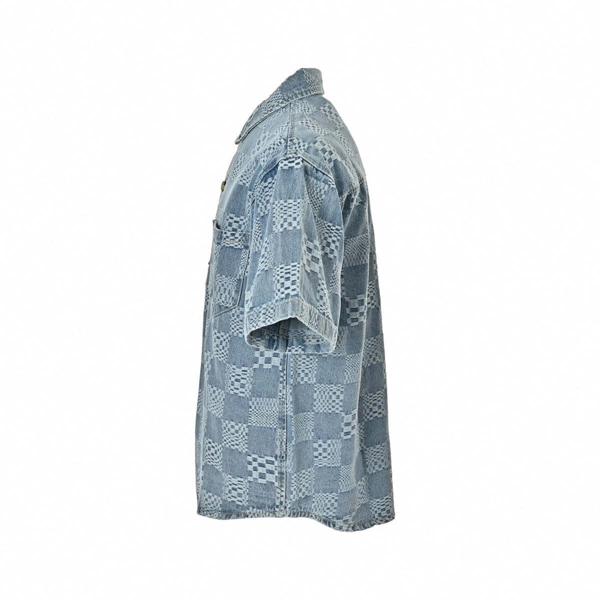 Textured Damier Denim Short-Sleeve Shirt | Light Blue