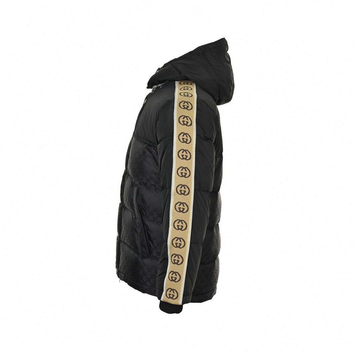 GG Jacquard Nylon Puffer Jacket with Sleeve Tape | Black