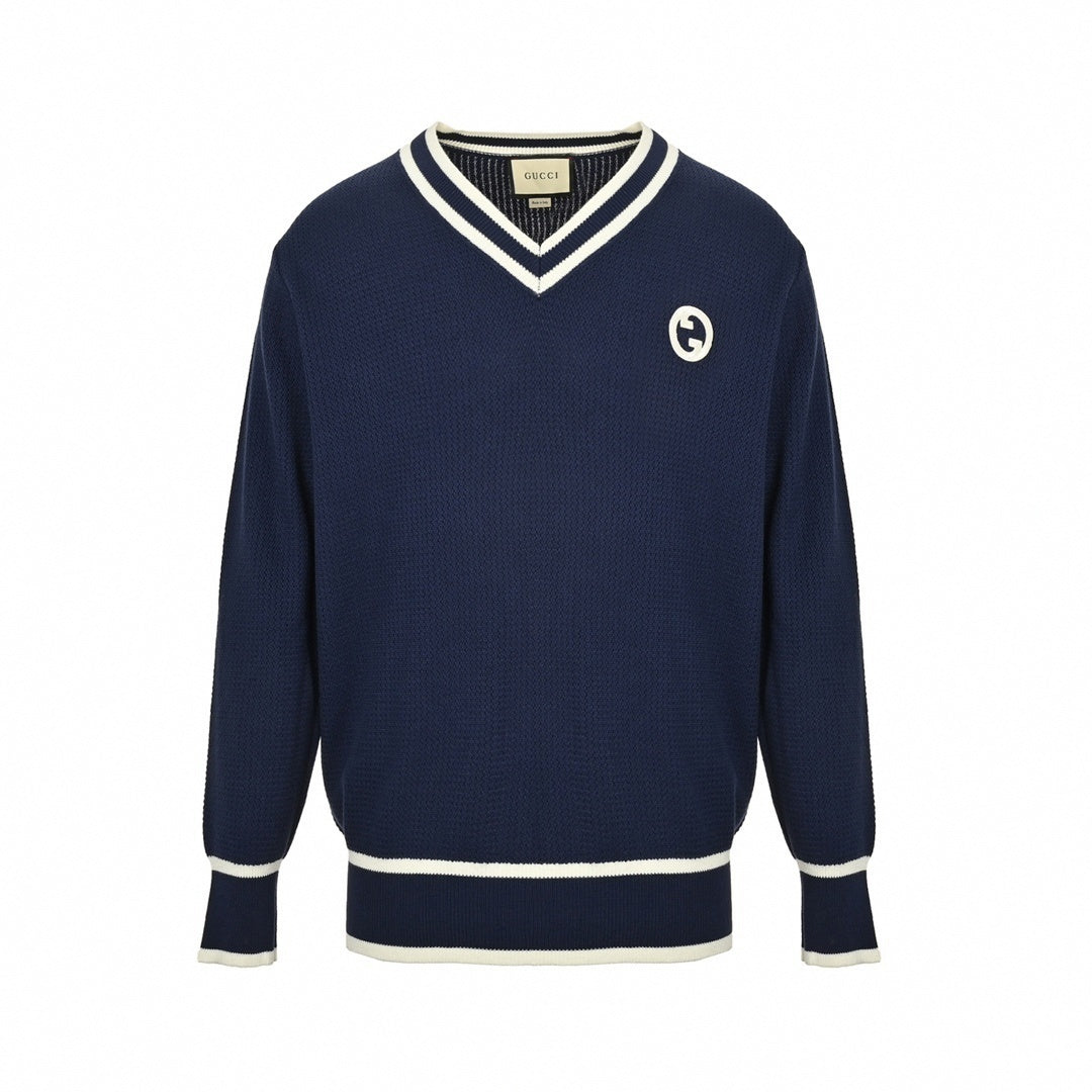 Interlocking G Striped V-Neck Wool Sweater