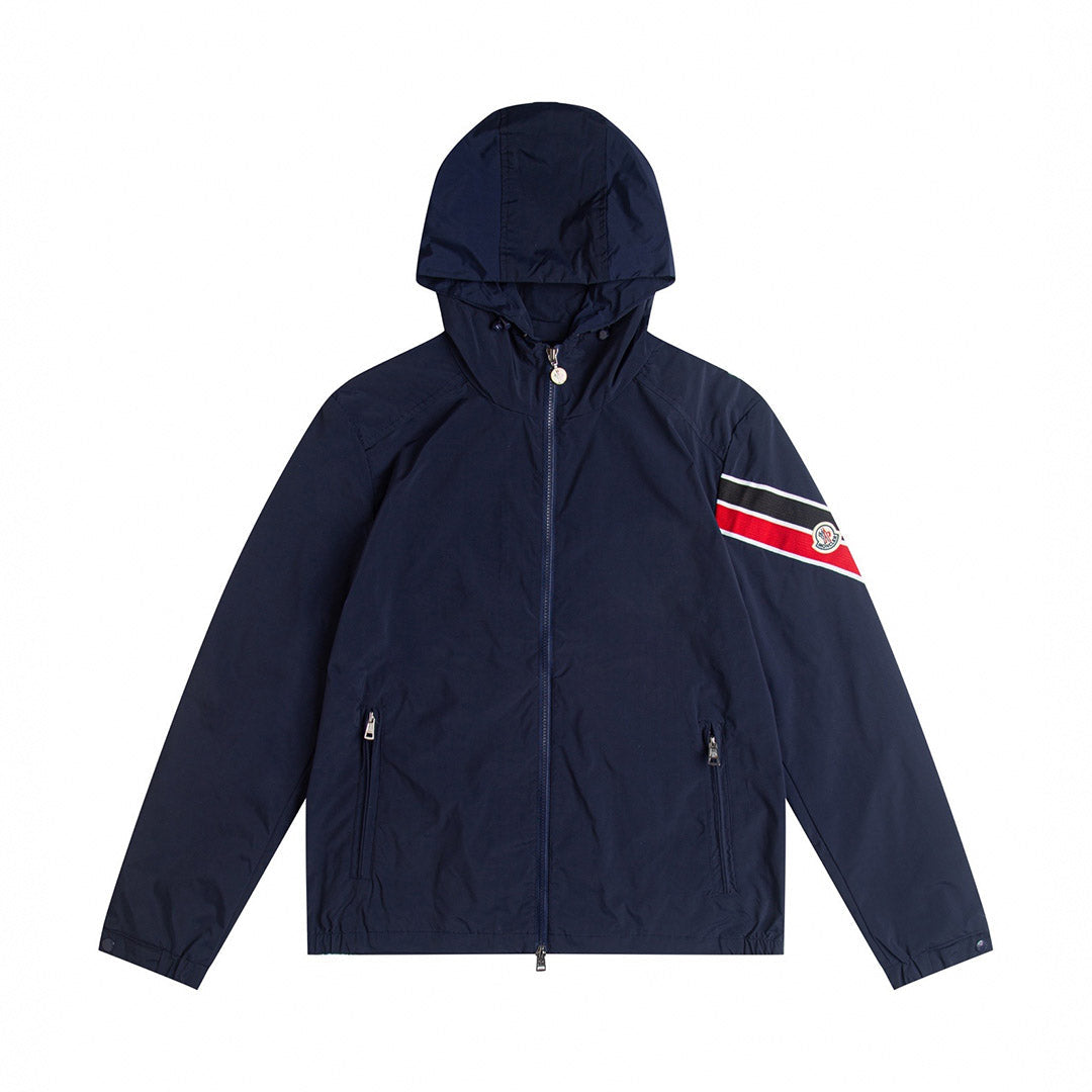 Tri-Color Stripe Hooded Windbreaker | Navy