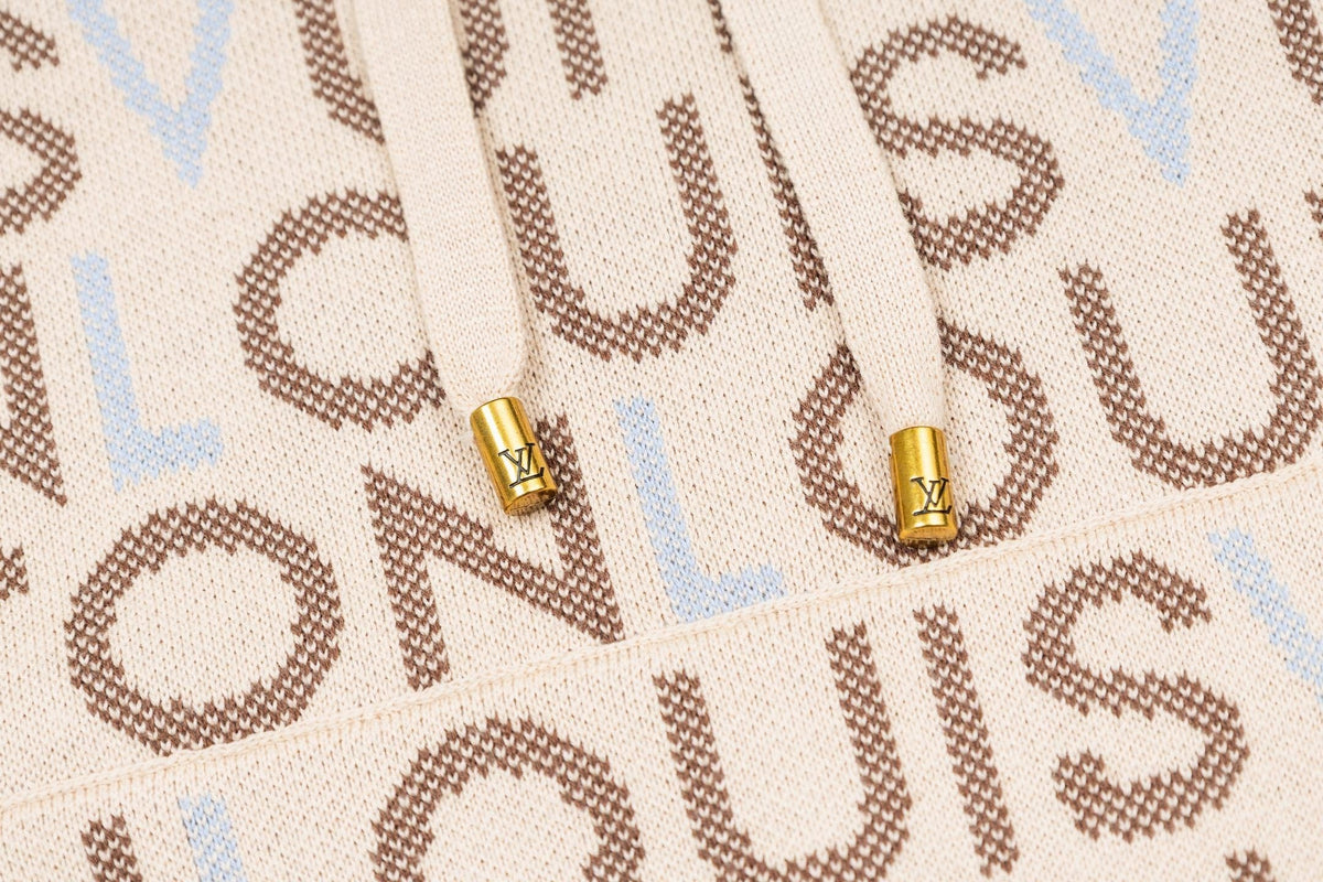 All-Over Logo Knit Hoodie | Cream & Brown