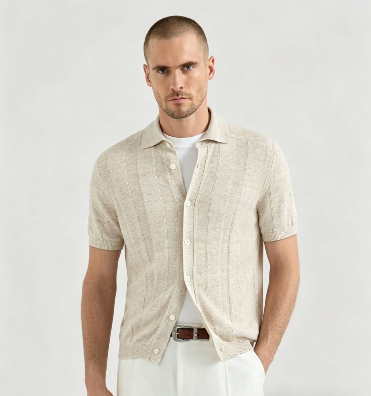Ribbed Knit Button-Through Polo | Light Beige