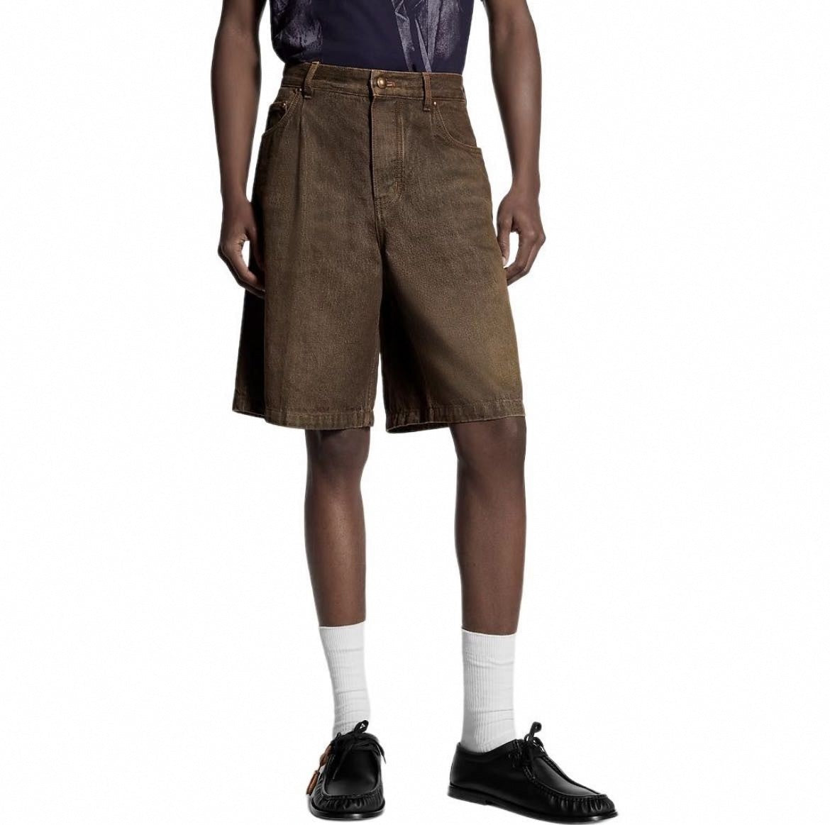 Washed Pleated Denim Shorts | Brown