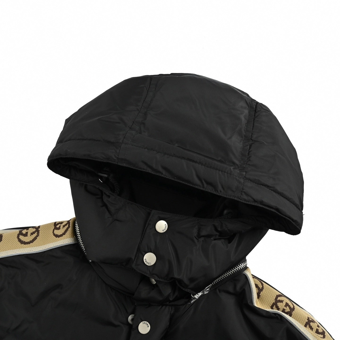 GG Jacquard Nylon Puffer Jacket with Sleeve Tape | Black