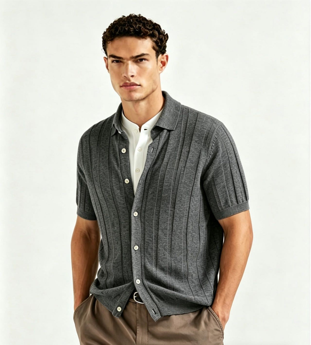 Ribbed Knit Button-Through Polo | Dark Grey