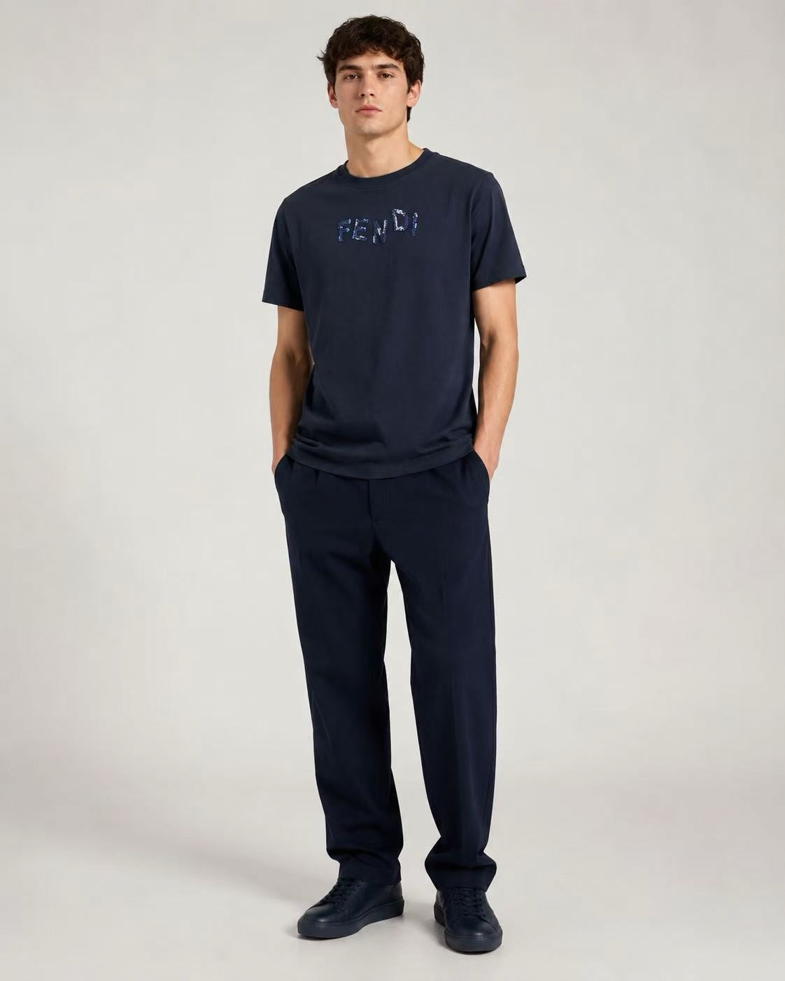 Textured Embroidered Logo T-Shirt | Navy Blue