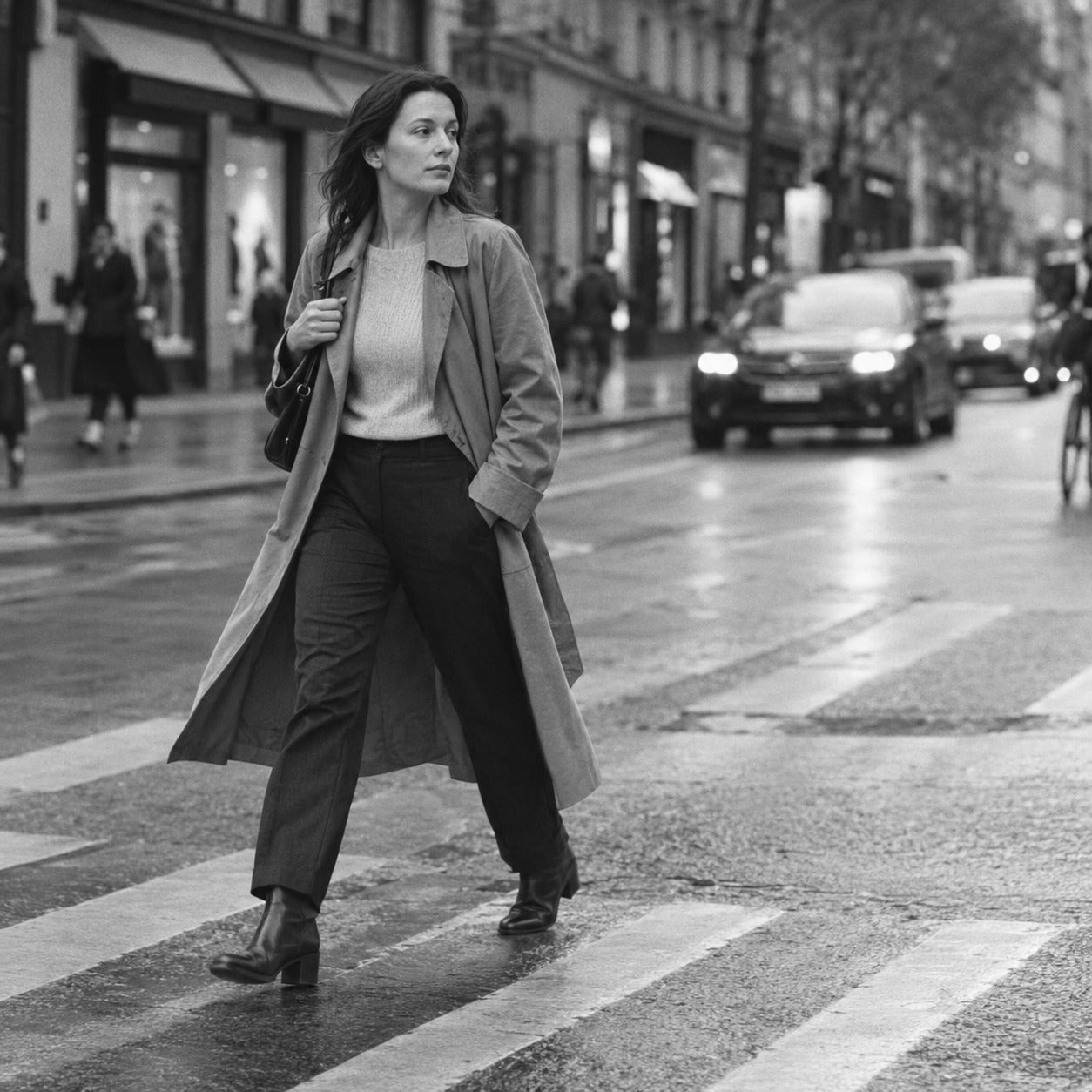 Woman in a long trench coat crossing a city street, black and white street style