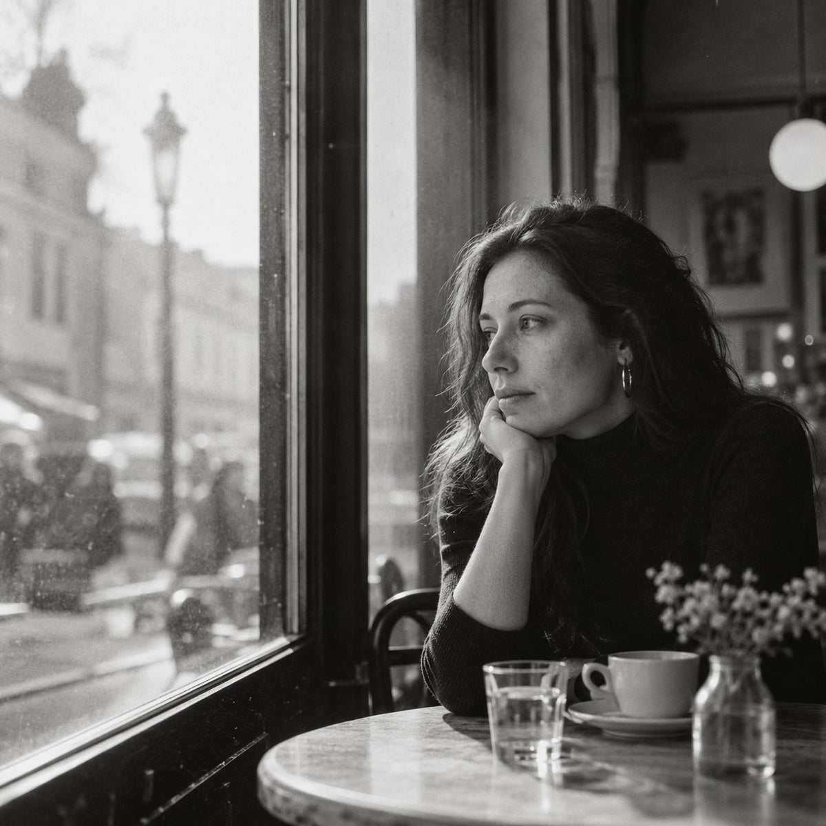 Woman in a black turtleneck seated by a cafe window in daylight, black and white