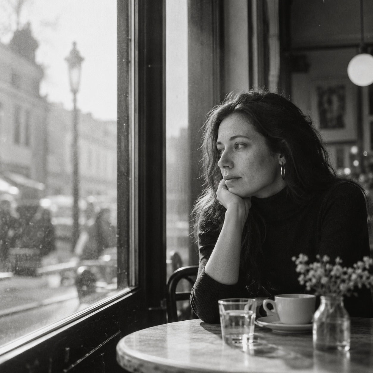 Woman in a black turtleneck seated by a cafe window in daylight, black and white