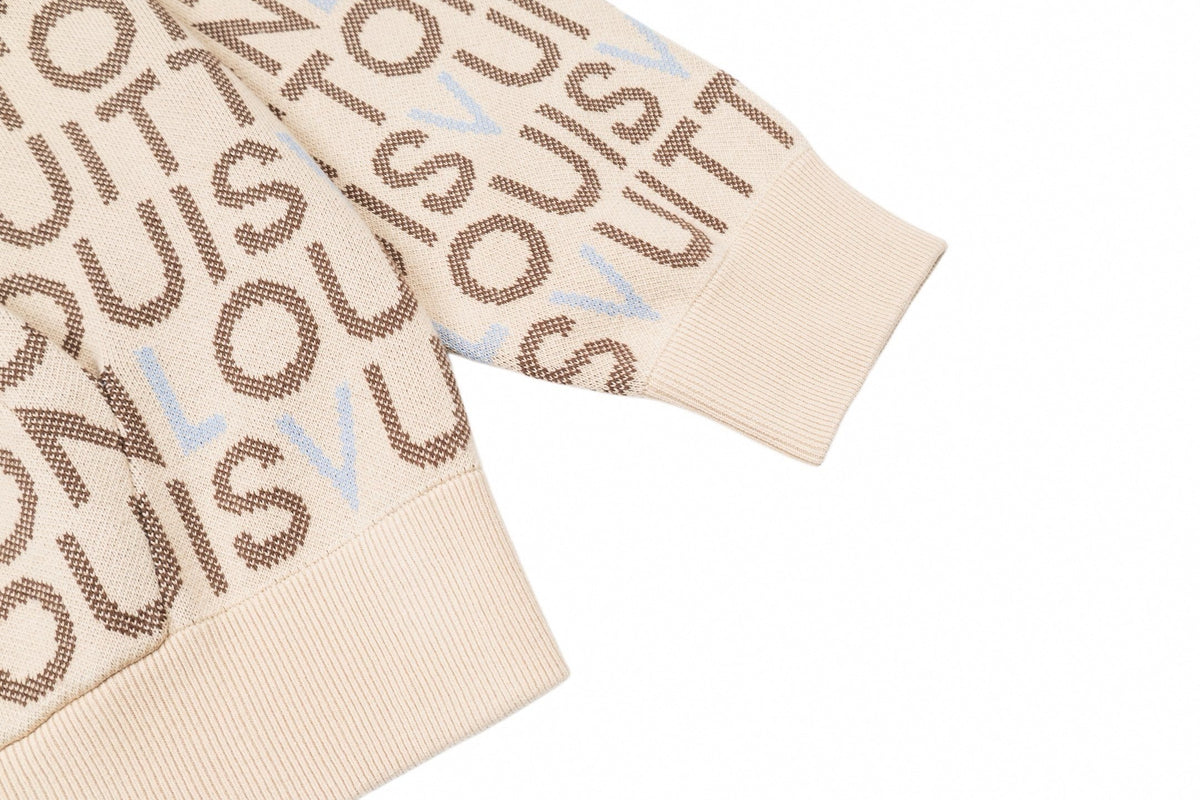 All-Over Logo Knit Hoodie | Cream & Brown