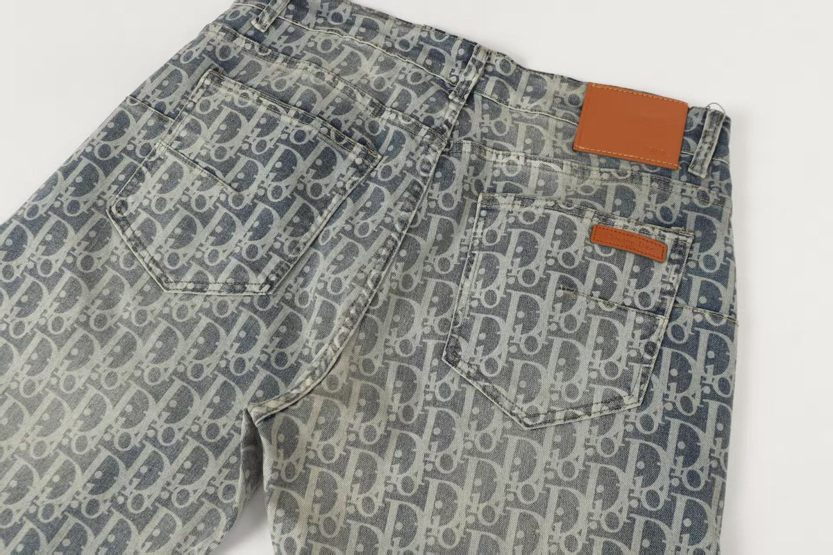 Oblique All-Over Print Faded Denim Jeans | Blue