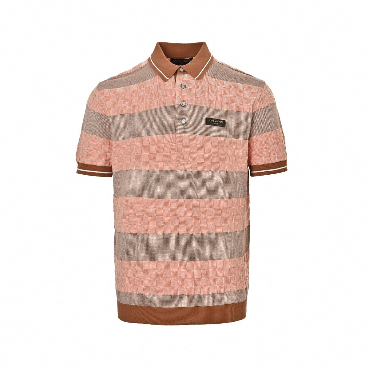 Damier Stripe Knit Polo - Coral/Beige
