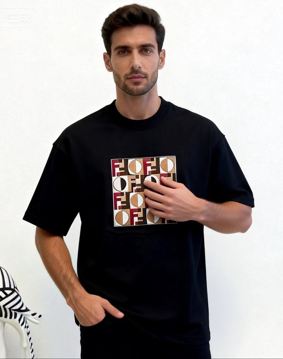 Geometric Embroidered Patch T-Shirt | Black