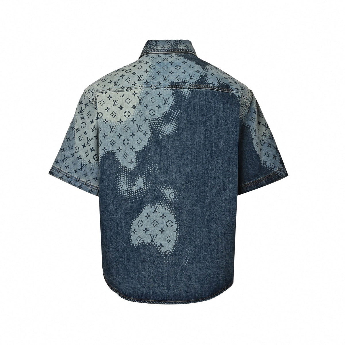 Monogram Halftone Denim Short-Sleeve Shirt - Blue