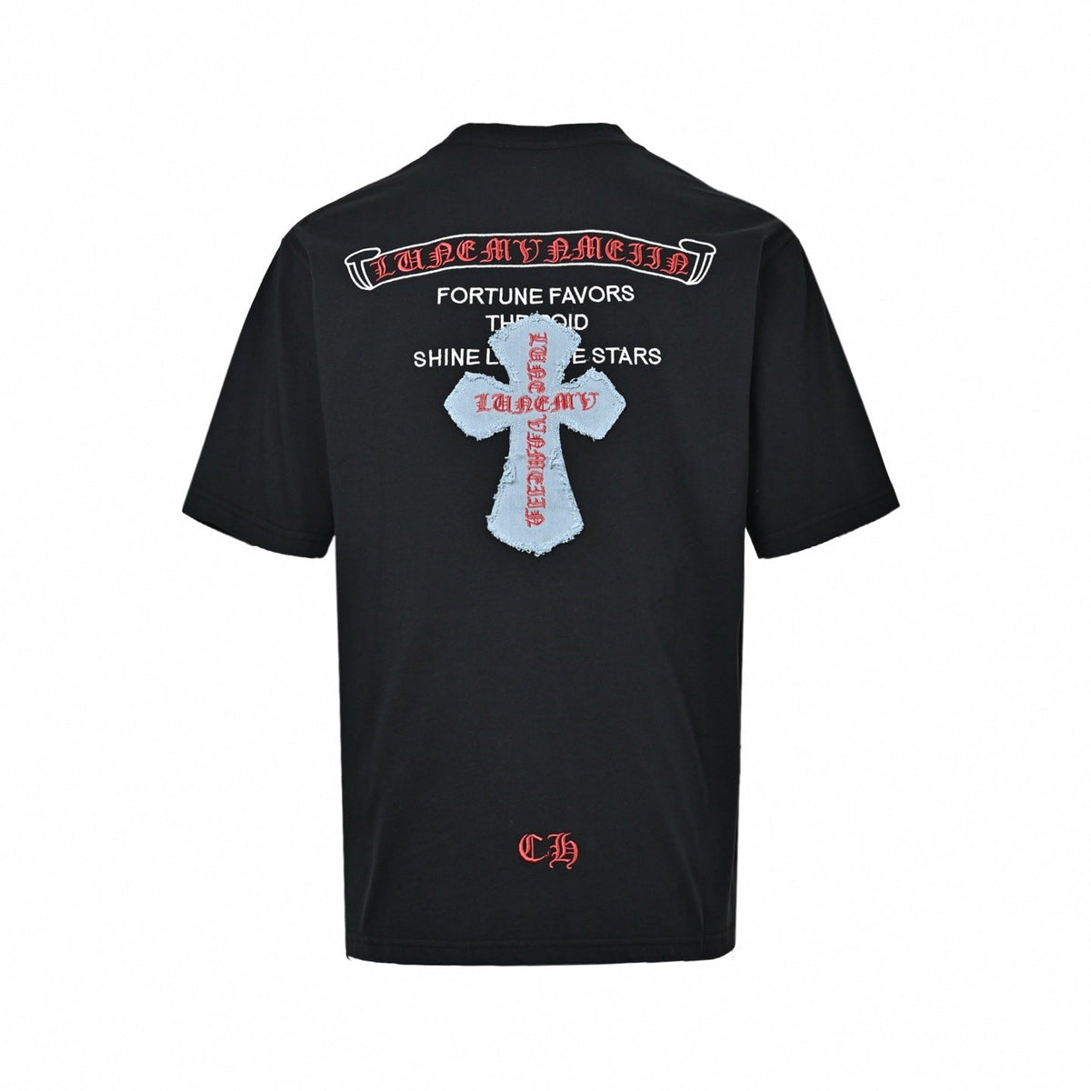 Gothic Cross Denim Patch T-Shirt - Black
