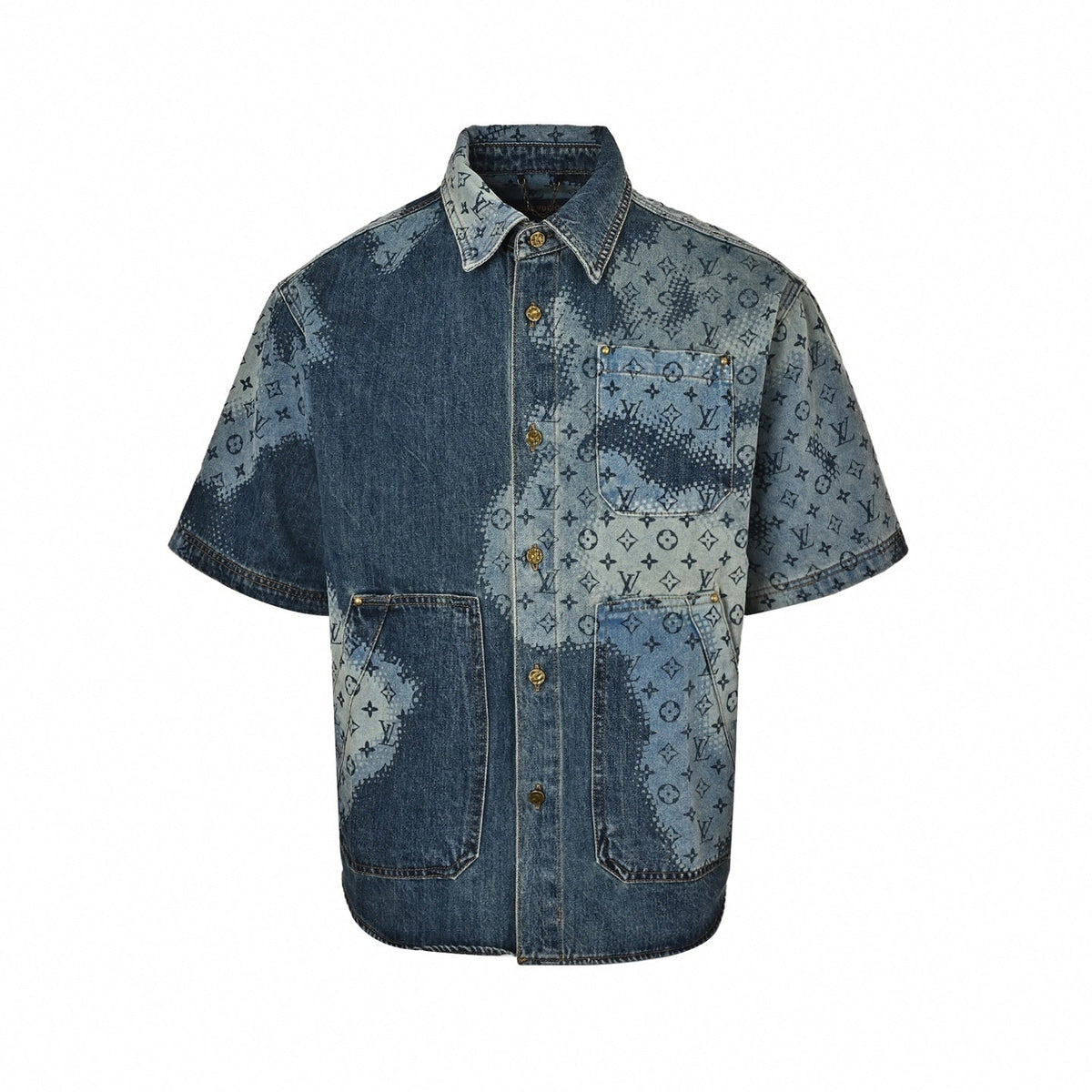 Monogram Halftone Denim Short-Sleeve Shirt - Blue